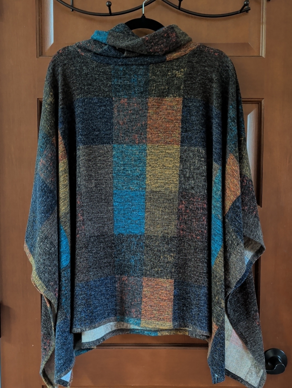 ADORA Multi-Color Plaid Knit Poncho with Cowl Neck